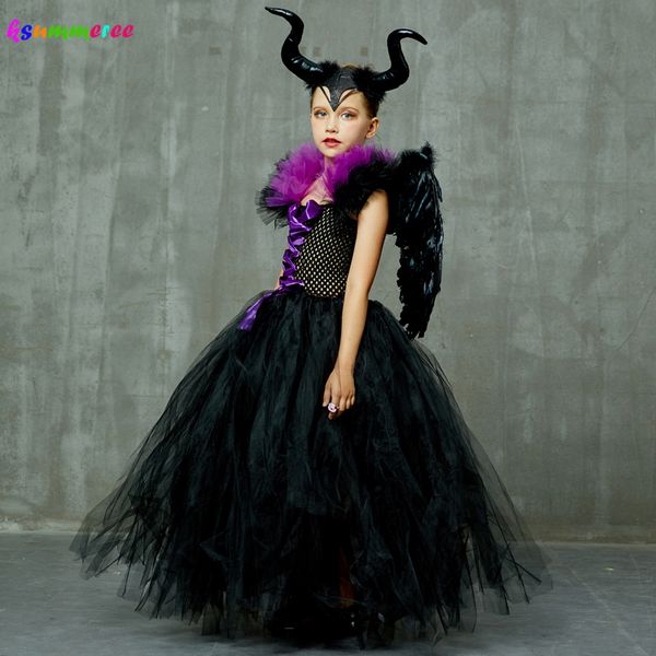 

kids maleficent evil queen girls halloween fancy tutu dress costume children christening dress up black gown villain clothes y200623, Red;yellow