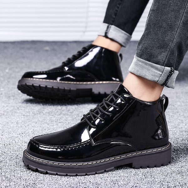 

new patent leather boots men british style gothic ankle boots punk men black motorcycle oxford thick sole high shoes