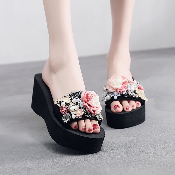 

2019 summer self-designed slippers casual outside women fashion female sandals flip flops footwear beach shoes 3-5-7cm big size, Black