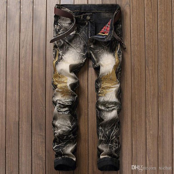 

unique mens vintage wing embroidery jeans fashion designer straight leg slim fit denim pants hip hop trousers jb8731, Blue