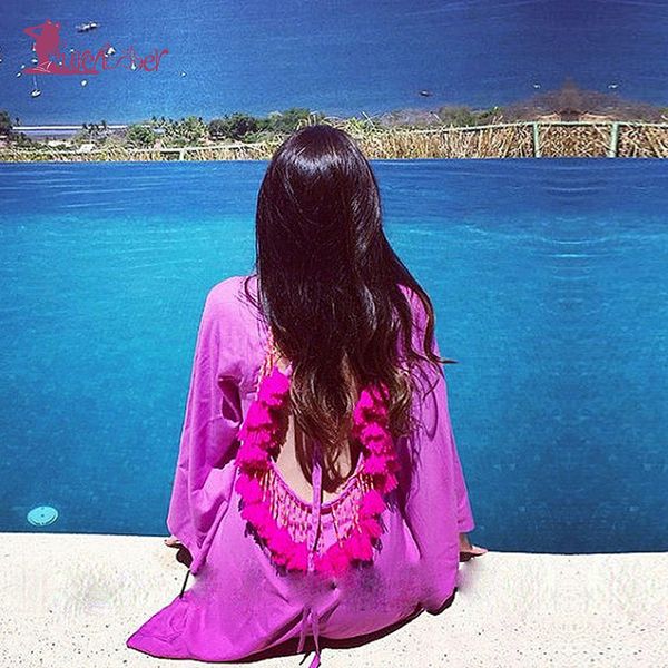

lurehooker tassel beach dress chiffon loose cover up halter ruffled beach dresses swimming suit cover aummer beachwear, Blue;gray
