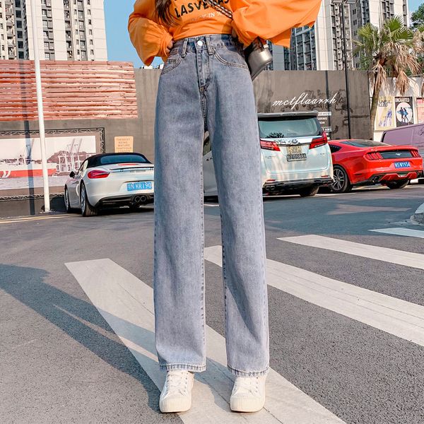 

nonis new 2020 spring jeans women straight loose wide leg denim pants female elastic high waist boyfriend jeans streetwear, Blue