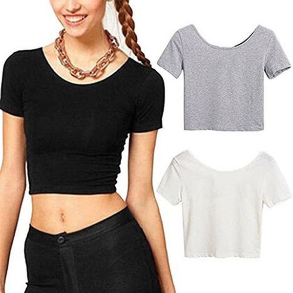 

Fashion Women Scoop Neck Crop Tops Short Sleeve Bare Midriff Casual Blouse T-Shirt Loose Cotton T Shirt Women Top Hot Sell