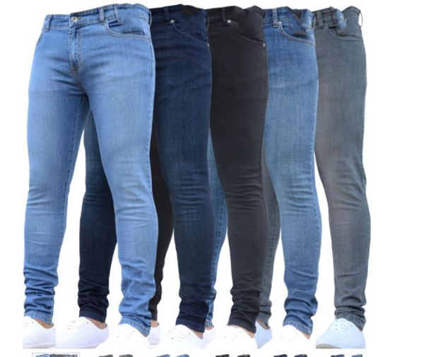 

new mens pencil pants fashion men casual slim fit straight stretch feet skinny zipper jeans for male trousers, Blue