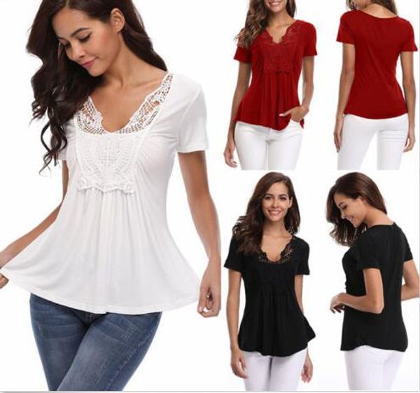 

women lady female fashion summer women casual lace v neck short sleeve lady shirts loose blouse summer casual clothes, White