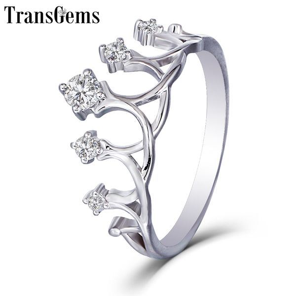 

transgems solid 14k 585 white gold ladies ring f color moissanite crown shaped ring for women stackable wedding band y19032201, Slivery;golden