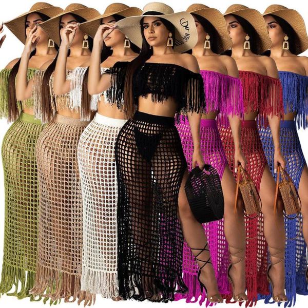 

2020 summer fishnet knitted swimwear beach skirt see through bikini cover up swimsuit women skirt two piece set