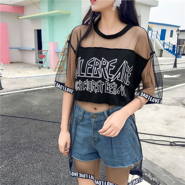 

tee shirt femme женская одежда конструктора женщин 2019 zomer режим vrouw kleding koreaanse harajuku mesh perspectief футболка vrouwen losse, White