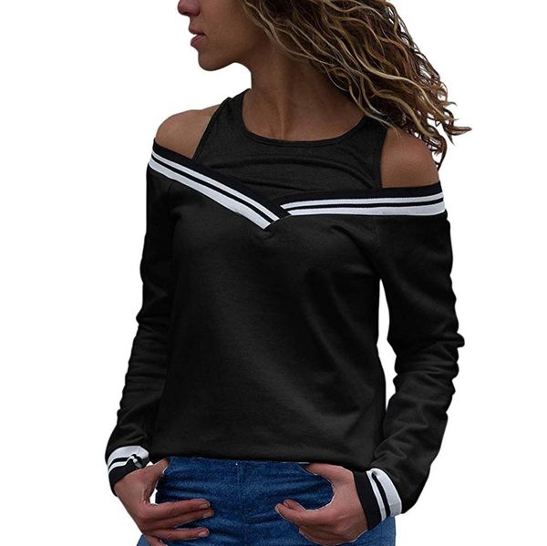 

women cold shoulder patchwork long sleeve sweatshirt casual pocket hood long sleeve female sweatshirt, White