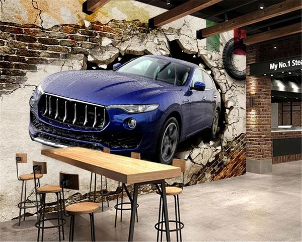 Wallpaper 3D sala de estar atmosférico carro azul quebrado parede 3d personalidade hd superfície interior decorações de parede