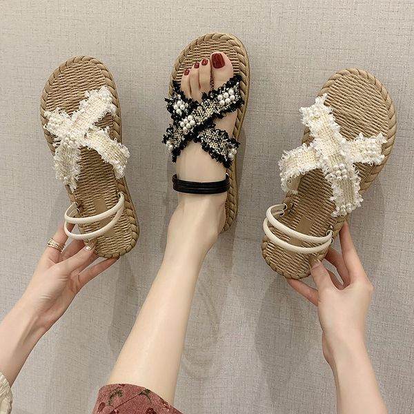 

clear heels female sandal flat sandals 2020 summer all-match low-heeled shoes with strap ladies flower gladiator sandals women, Black
