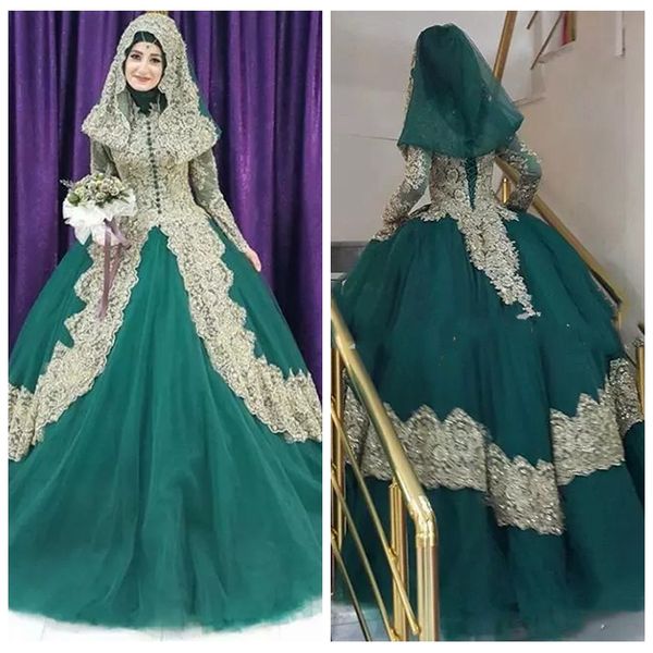 

2019 modest turkish islamic ball gown wedding dress corset back robe de mariage gold lace applique hijab dubai kaftan muslim bridal gowns, White
