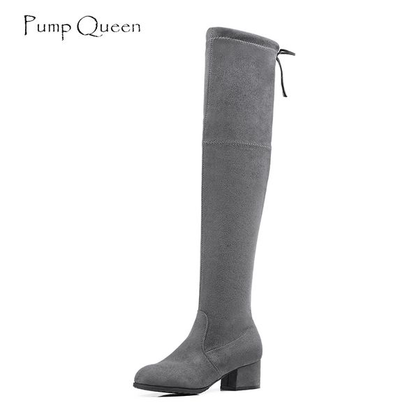 

pumpqueen over the knee boots shoes woman 2018 new autumn long thigh high boots women black casual block mid heel elasticity