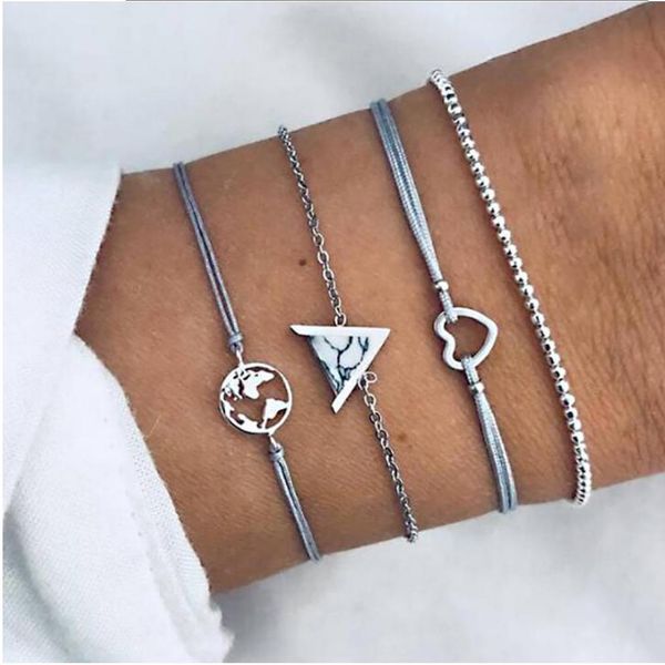 

bracelets set 4pcs package world map heart triangle accessory white stone setting rope bead chain silver color plated, Golden;silver