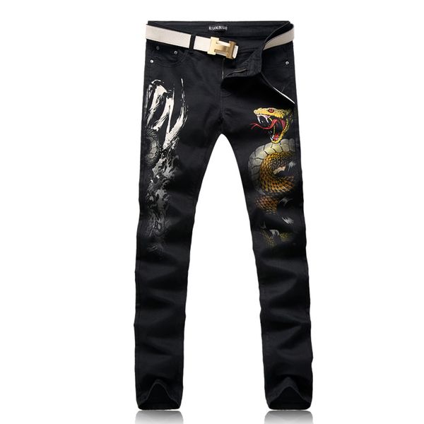 

orinery 2019 new designer dragon printed jeans men fashion straight denim pants casual black long trousers punk mens clothes, Blue