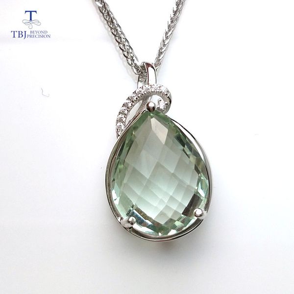 

tbj,925 sterling silver pendant with natural green amethyst pear 12*16mm checkboard cutting gemstone necklace with jewelry box