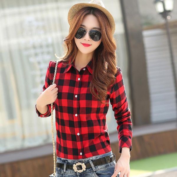 

2019 new brand women blouses long sleeve shirts cotton red and black flannel plaid shirt casual female plus size blouse, White