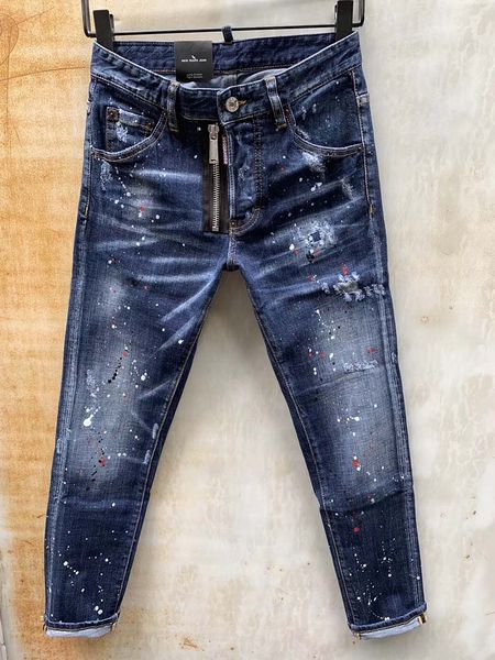 

men's korean fashion tide men's dark blue features zipper design white paint point straight micro-slim slim jeans