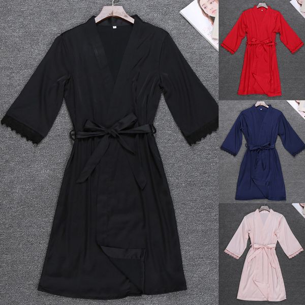 

women bridesmaid robes female pajamas fashion silk lace sleepwear robe long sleeve lingerie underwear new 2019, Black;red