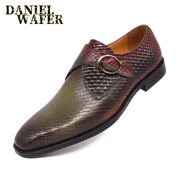 

luxury men loafers handmade genuine leather slip on monk strap mix color printed shoes office business wedding man casual shoes, Black