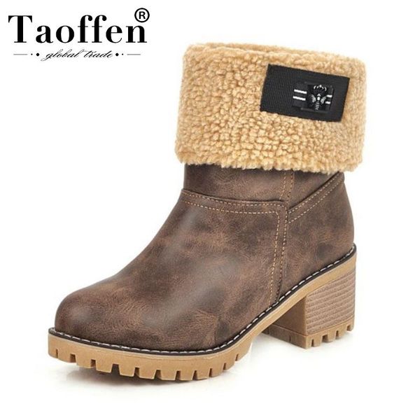 

taoffen plus size 34-46 lady mid calf boots office calssics zipper chunky heels winter shoes woman round toe simple footwear, Black
