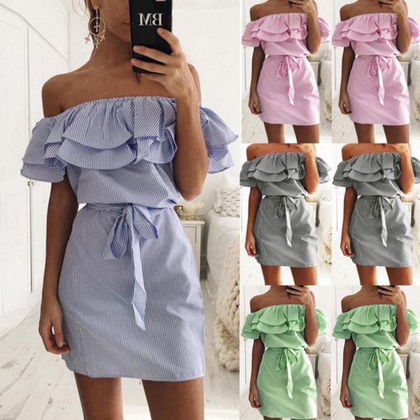 

2020 off shoulder strapless striped ruffles dress women summer sundresses beach casual shirt short mini party dresses robe femme