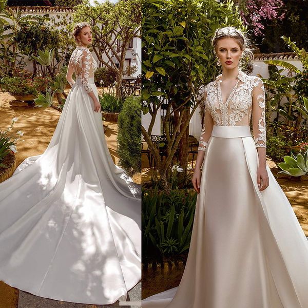 

gorgeous wedding dresses v-neck long sleeve appliqued lace satin a line bridal gowns court train custom made robes de mariÃ©e, White