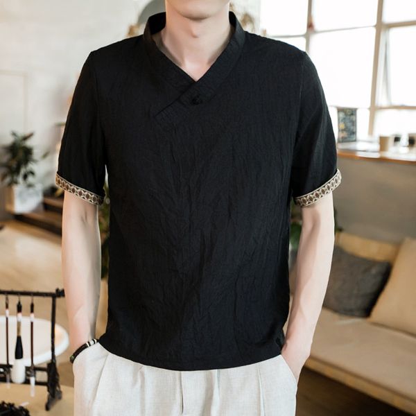 

new linen men thin shirt chinese style short sleeve linen solid retro plate buttons men loose shirt plus size  -5xl ing, White;black