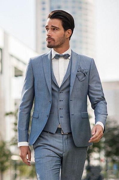 Ultimo design Due bottoni Matrimonio formale grigio Abiti da uomo Risvolto con risvolto Nuovi tre pezzi Smoking da sposo d'affari (giacca + pantaloni + gilet + cravatta) W941