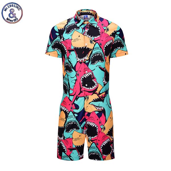 

mr.1991inc cartoon print rompers men summer short sleeve jumpsuit cargo overalls fashion one piece set dropship, Gray