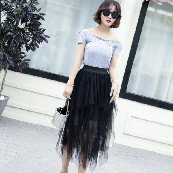 

chiffon women's skirt mesh solid color bouffant puffy skirts irregular saia pleated black jupe longue dv692