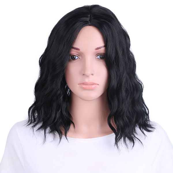 

wigs wavy short black hair no bangs shoulder human hair 14 inches synthetic wigs natural wave with the cap