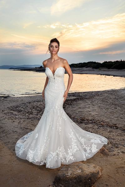 Eddy K 2021 Brautkleider Sexy Schatz Open Back Brautkleider Nach Maß Spitze Applikationen Sweep Zug Meerjungfrau Robe De Soiree208s