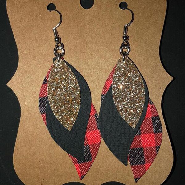 

new new arrival feather earrings glitter triple plaid fringe leather earrings exaggerated layered splice leaf shaped earrings, Silver