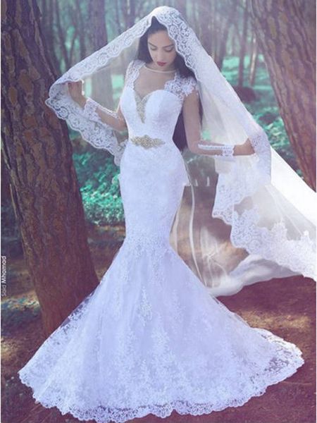 

country luxury lace wedding dress mermaid with sleeves sparkly crystal ribbon v neck illusion sweep train bridal gowns plus size, White