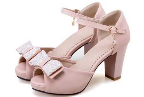 

2019 women's sandals in summer with new style high heel coarse heel waterproof table bowknot @45, Black