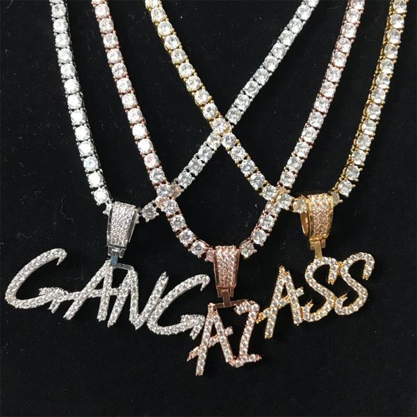 

new brush font custom letter name pendant necklace chain gold silver plated bling zirconia men's hip hop jewelry with rope chain