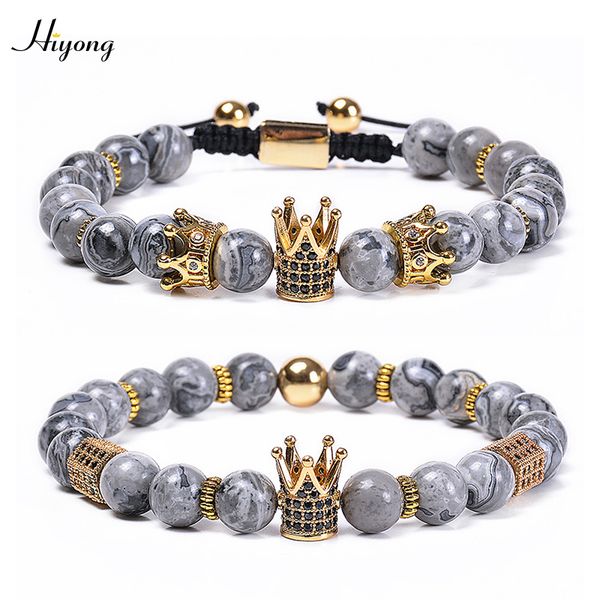 

2020 cubic zirconia crown bracelets natural map stone beads bracelet for men elastic rope energy bracelet trendy male jewelry, Black