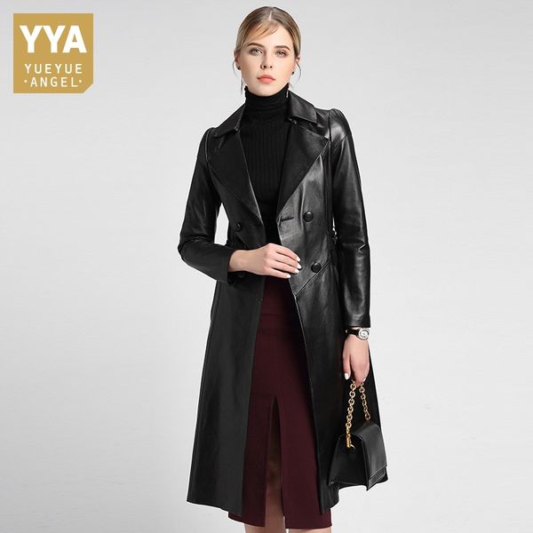 

genuine leather jacket women elegant slim sheepskin long coat runway real leather office lady overcoat black 3xl