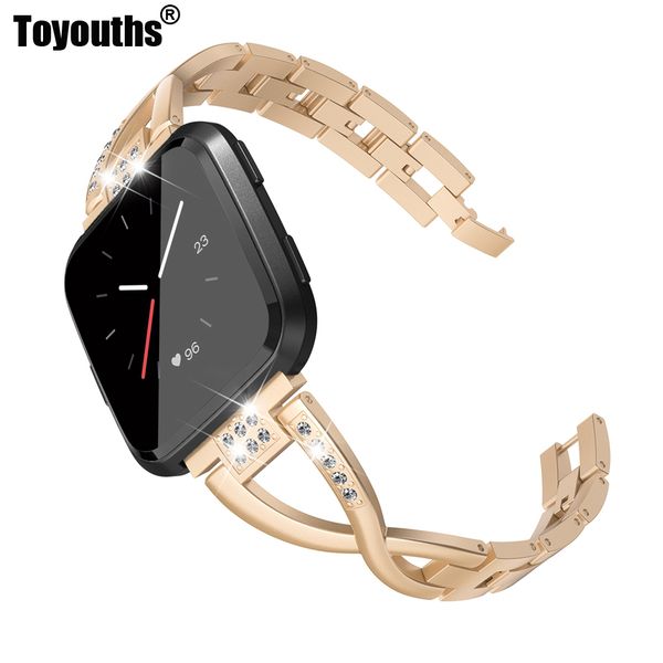 

toyouths metal replacement watch band bling crystals cross belt women easy install smart hook buckle watchband for versa, Black;brown