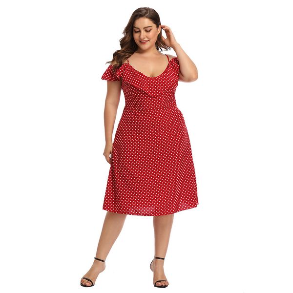

summer plus size 3xl 4xl red dot printed dress ladies deep v-neck strap ruffles flare sleeve high waist backless dress women, Black;gray