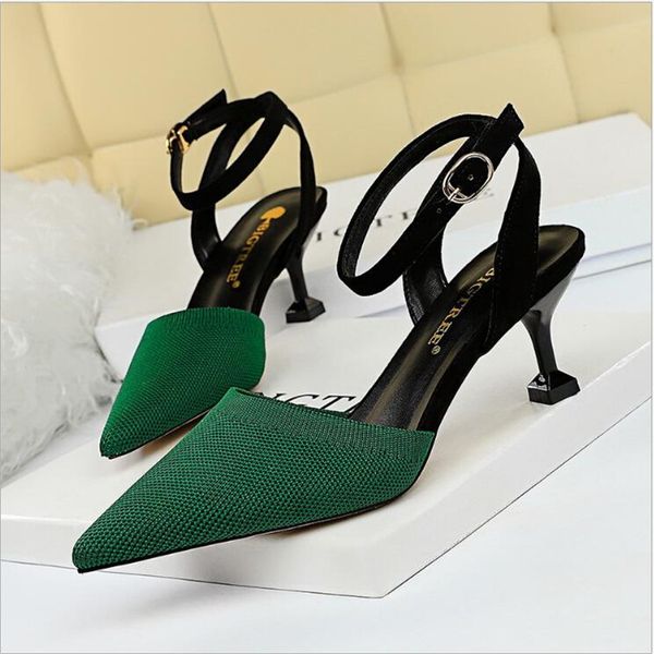 

2020 new summer women sandals high thin heel pointed toe buckle fashion ladies women shoes green female high heel pumps, Black