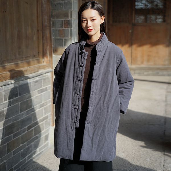 

cotton linen winter parkas women button vintage coat 2019 new stand pockets solid color warm women cloths loose parkas, Black