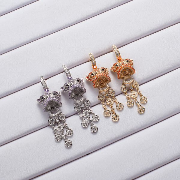 

european and american explosion model s925 silver needle plated real gold micro set zircon lion coin tassel earring