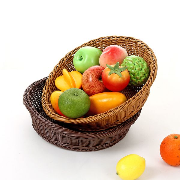 

round shaped imitation rattan handwoven fruit basket food candy snack storage tray kitchen dinning room organizer bowl