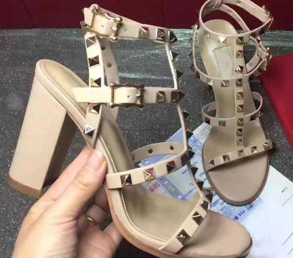 

new luxury designer stud sandals genuine leather slingback pumps ladies high heels fashion rivets sandals shoes 15 color, Black