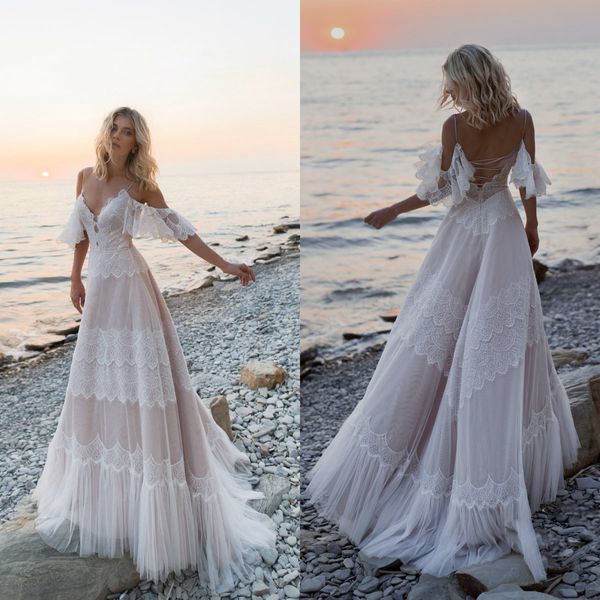 2019 Böhmische Brautkleider Spaghettiträger Spitze Applikationen Sommer Brautkleider Sexy rückenfreies Strand A-Linie Hochzeitskleid Robe De Mariee