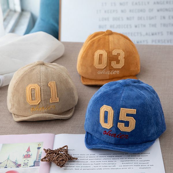 

corduroy number baby hat warm autumn winter baby girl boy baseball cap adjustable embroidery letter solid color infant cap, Yellow