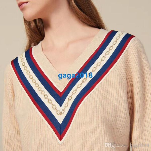 

high end женщины девушки вязать шерстяной свитер полосатый вышивка цепи шаблон v-образным вырезом с длинным рукавом блузка рубашка трикотаж, White;black