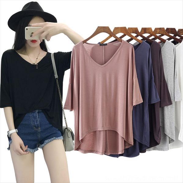 

2020 summer bit cotton medium sleeve base women's thin front short back long v-neck t- large size slim t-shirt shirt top, White